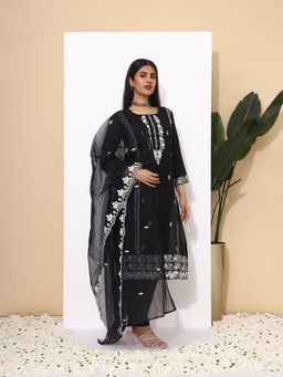 ISHIN - Women Silk Embroidered Black Kurta with Pant and Dupatta (Set of 3)