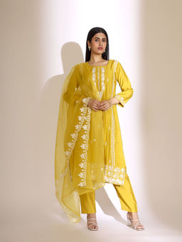 ISHIN - Women Silk Embroidered Yellow Kurta with Pant and Dupatta (Set of 3)