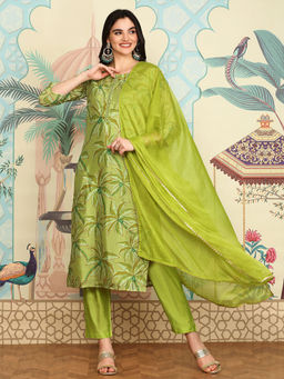 ISHIN - Women Chinon Printed Green Kurta with Pant and Dupatta (Set of 3)