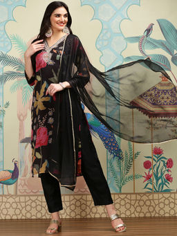 ISHIN - Women Chinon Floral Black Kurta with Pant and Dupatta (Set of 3)