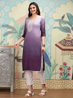 ISHIN - Women Chinon Ombre Purple Kurta with Pant (Set of 2)