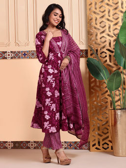 ISHIN - Women Cotton Floral Maroon Kurta with Pant and Dupatta (Set of 3)