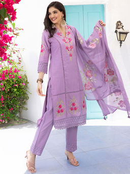 ISHIN - Women Cotton Embroidered Lavender Kurta with Pant and Dupatta (Set of 3)