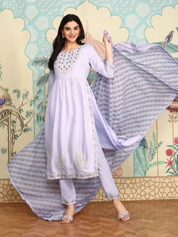ISHIN - Women Cotton Embroidered Lavender Kurta with Pant and Dupatta (Set of 3)