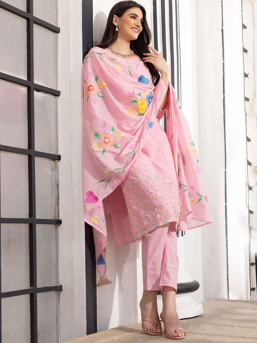 ISHIN Women Cotton Embroidered Pink Kurta with Pant and Dupatta (Set of 3)
