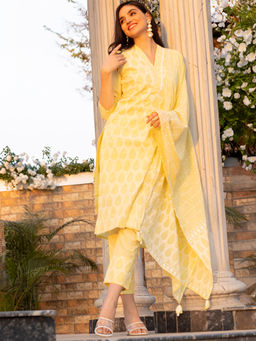ISHIN - Women Cotton Embroidered Yellow Kurta with Pant and Dupatta (Set of 3)