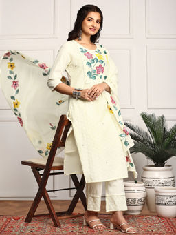 ISHIN - Women Cotton Floral Off White Kurta with Pant and Dupatta (Set of 3)