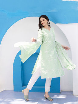 ISHIN - Women Cotton Embroidered Green Kurta with Pant and Dupatta (Set of 3)