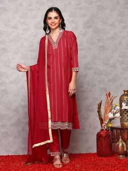 ISHIN - Women Cotton Embroidered Red Kurta with Pant and Dupatta (Set of 3)