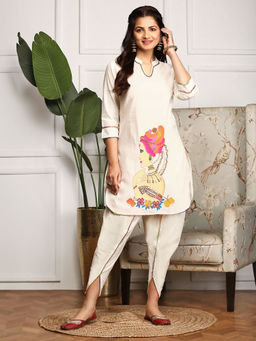 ISHIN - Women Cotton Printed White Kurta with Dhoti Pant (Set of 2)