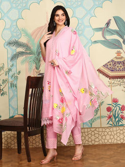 ISHIN - Women Cotton Embroidered Pink Kurta with Pant and Dupatta (Set of 3)