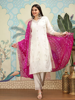 ISHIN - Women Viscose Embroidered Off White Kurta with Pant and Dupatta (Set of 3)