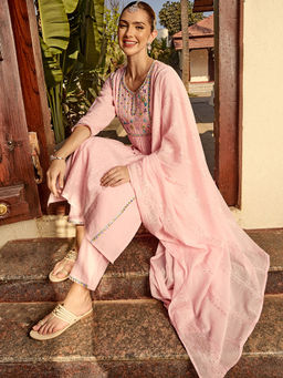 ISHIN - Women Cotton Embroidered Pink Kurta with Pant and Dupatta (Set of 3)