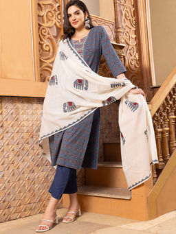 ISHIN - Women Cotton Printed Navy Blue Kurta with Pant and Dupatta (Set of 3)