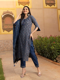 ISHIN - Women Cotton Printed Navy Blue Kurta with Pant and Dupatta (Set of 3)