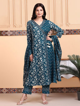 ISHIN - Women Cotton Floral Blue Angarkha Kurta with Pant and Dupatta (Set of 3)