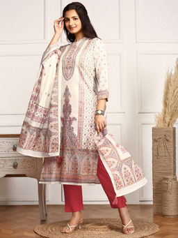 ISHIN - Women Cotton Printed Off White Kurta with Pant and Dupatta (Set of 3)