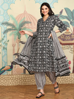 ISHIN - Women Cotton Floral Black Angarkha Kurta with Afghani Pant and Dupatta (Set of 3)