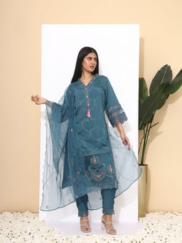 ISHIN - Women Viscose Embroidered Teal Kurta with Pant and Dupatta (Set of 3)