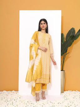 ISHIN - Women Viscose Embroidered Mustard Kurta with Pant and Dupatta (Set of 3)