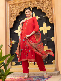ISHIN - Women Muslin Embroidered Red Kurta with Pant and Dupatta (Set of 3)