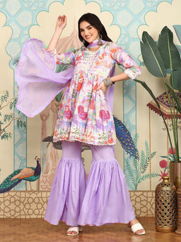 ISHIN - Women Cotton Floral Lavender Kurta with Sharara and Dupatta (Set of 3)