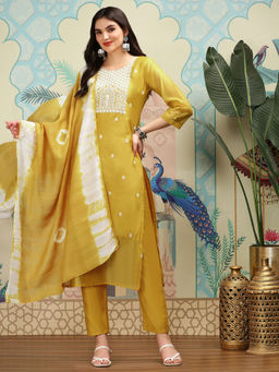 ISHIN - Women Modal Embroidered Yellow Kurta with Pant and Dupatta (Set of 3)