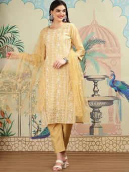 ISHIN - Women Modal Embroidered Yellow Kurta with Pant and Dupatta (Set of 3)