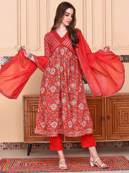 ISHIN - Women Cotton Floral Red Anarkali Kurta with Pant and Dupatta (Set of 3)
