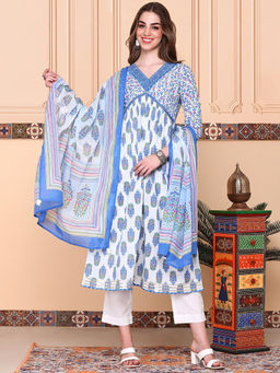 ISHIN - Women Cotton Floral White Anarkali Kurta with Pant and Dupatta (Set of 3)