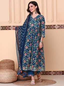 ISHIN - Women Cotton Floral Blue Angarkha Kurta with Pant and Dupatta (Set of 3)