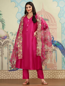 ISHIN - Women Viscose Solid Pink Kurta with Pant and Dupatta (Set of 3)
