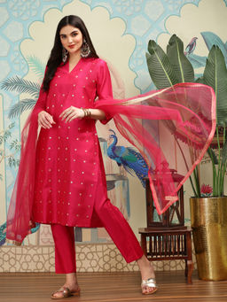 ISHIN - Women Viscose Embellished Pink Kurta with Pant and Dupatta (Set of 3)
