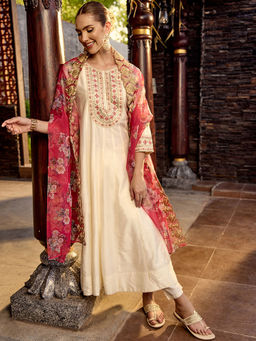 ISHIN - Women Viscose Embroidered Off White Anarkali Kurta with Pant and Dupatta (Set of 3)