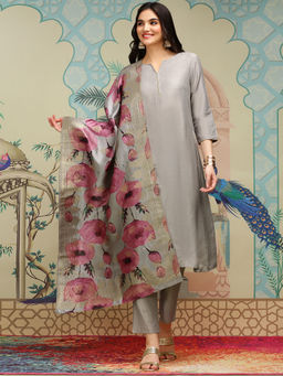 ISHIN - Women Viscose Solid Grey Kurta with Pant and Dupatta (Set of 3)