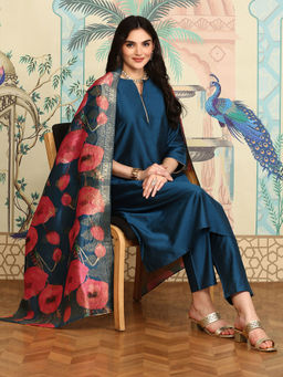 ISHIN - Women Viscose Solid Teal Kurta with Pant and Dupatta (Set of 3)