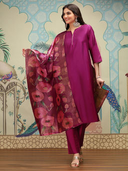 ISHIN - Women Viscose Solid Wine Kurta with Pant and Dupatta (Set of 3)