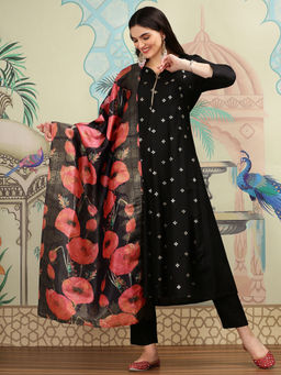 ISHIN - Women Viscose Embroidered Black Kurta with Pant and Dupatta (Set of 3)