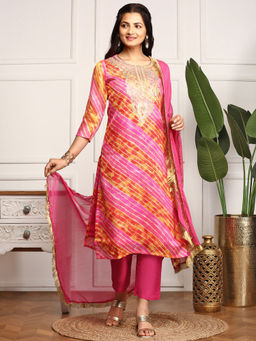ISHIN - Women Silk Embroidered Pink Kurta with Pant and Dupatta (Set of 3)