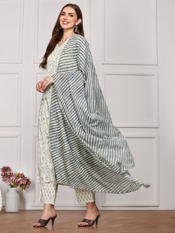 ISHIN - Women Cotton Floral Off White Kurta with Pant and Dupatta (Set of 3)