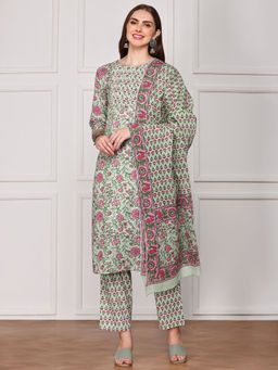 ISHIN - Women Cotton Floral Green Kurta with Pant and Dupatta (Set of 3)