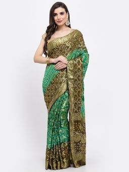 KISHORI - Women Bandhani With Zari Weaving Silk Saree & Blouse Green with Unstitched