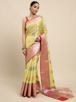 Mimosa - Womens Kanjivaram Art Silk Saree with Unstiched Blouse (5645-10261-TD-YL-RD)