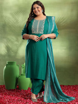 Extra love by Libas - Plus Size Women Green Yoke Design Silk Blend Straight Kurta Sets for Women