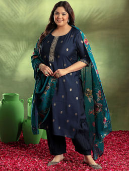 Extra love by Libas - Blue Printed Silk Blend Straight Kurta Sets for Women