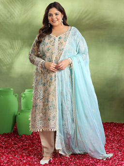 Extra love by Libas - Plus Size Women Beige Printed Organza Straight Kurta Sets for Women