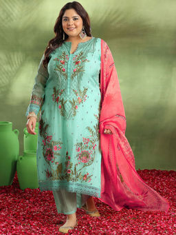 Extra love by Libas - Green Embroidered Organza Straight Kurta Sets for Women