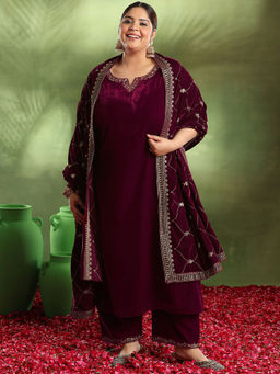 Extra love by Libas - Maroon Solid Velvet Straight Kurta Sets for Women