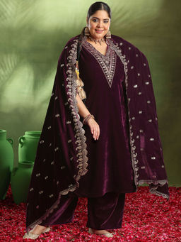 Extra love by Libas - Burgundy Yoke Design Velvet Straight Kurta Sets for Women