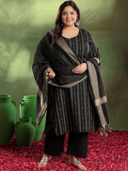 Extra love by Libas - Plus Size Black Woven Design Cotton Blend Straight Suit With Dupatta